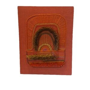 MCM Vintage 1970s Orange Yarn Fiber Embroidery Hand Woven Boho 14x18”